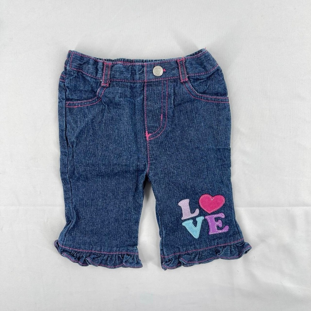 Vintage Y2K Girl's Ruffle Heart Denim Jeans Infant 3 Months Embroidered Girly